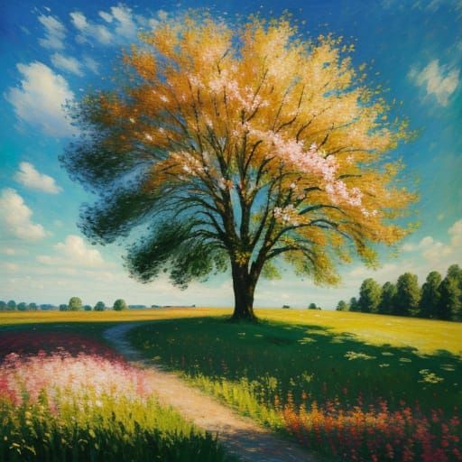Impressionist Spring Landscape with Blooming Tree