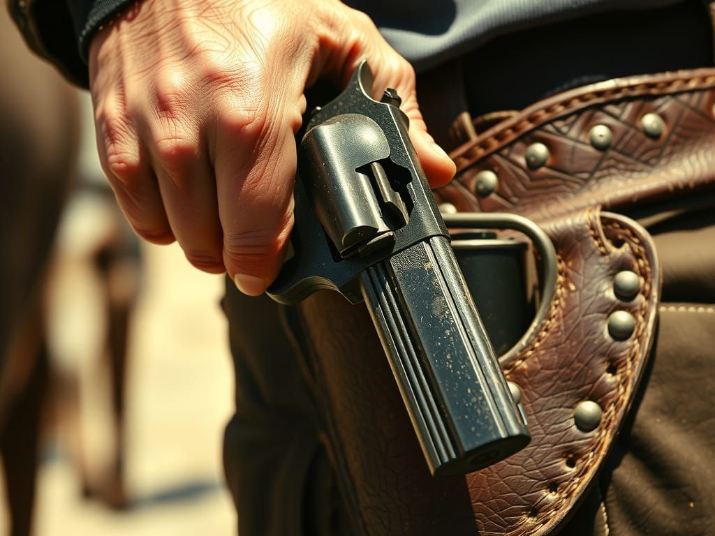 Gritty Western Hand Holding Revolver in Harsh Sunlight