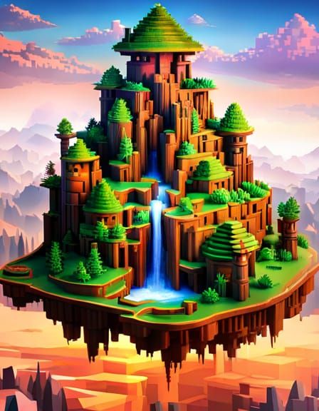 Surreal Pixelated Floating Island Village in 3D