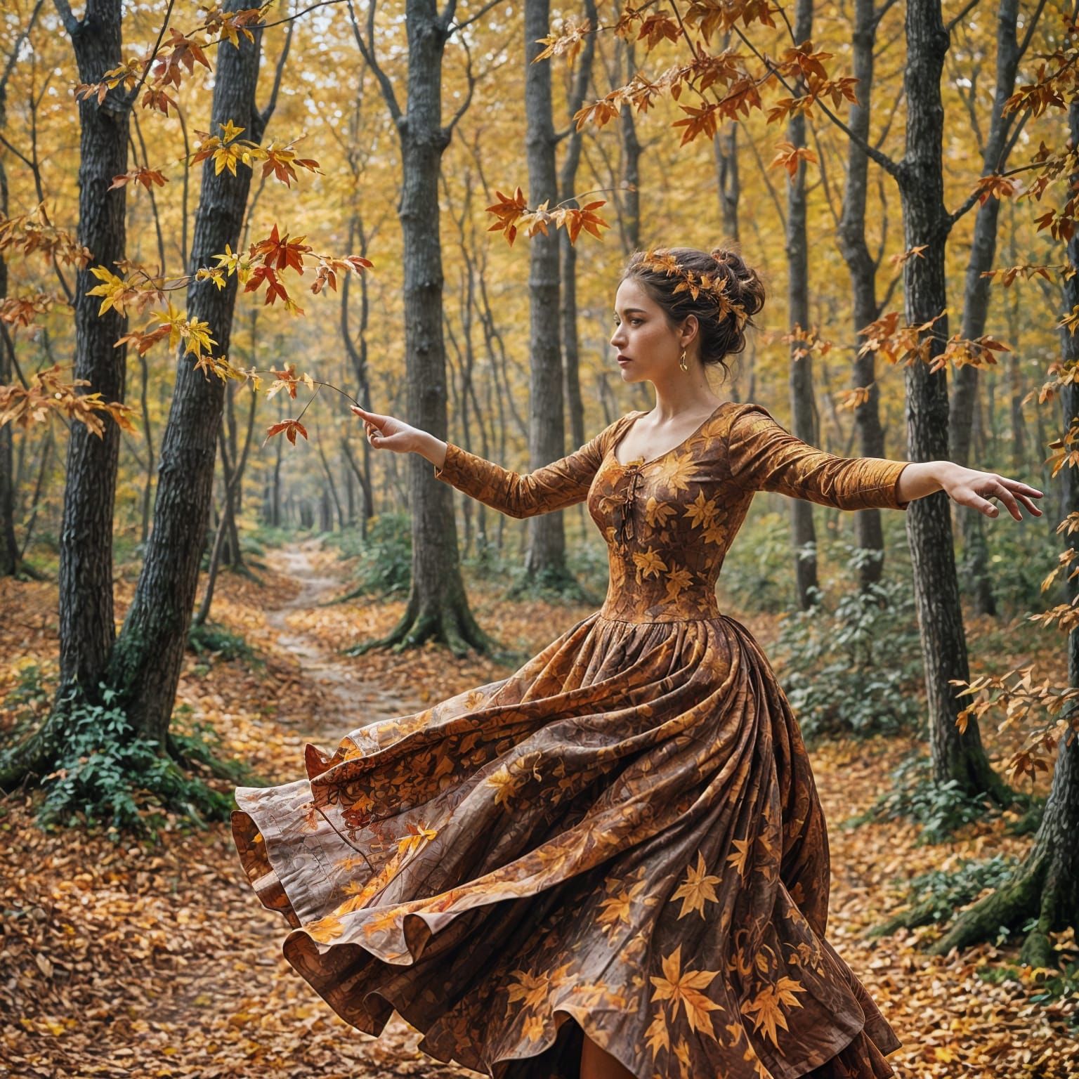 Impressionist Woman Painted as Autumn Leaves