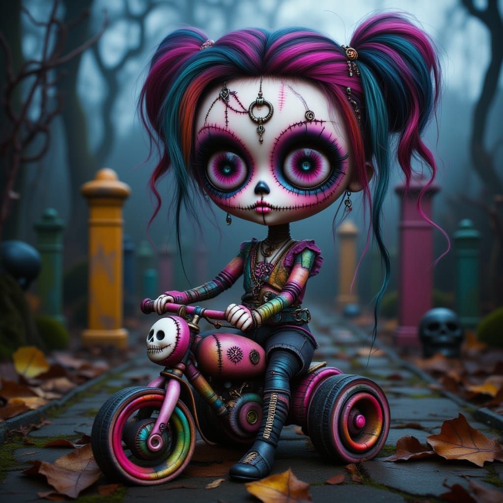 Punk Doll on Toy Bike in Gothic Playground