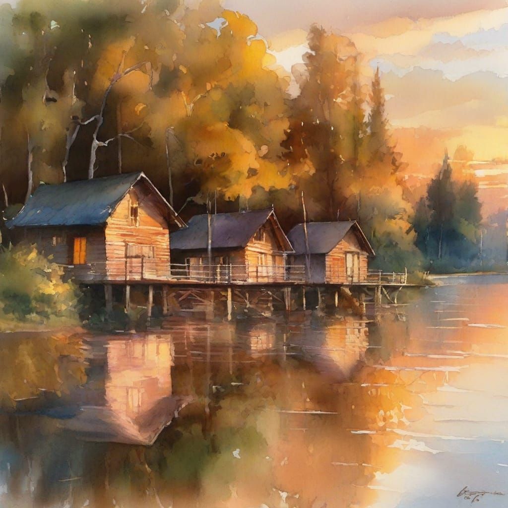 Cozy Lakeside Huts at Sunset: Impressionist Watercolor