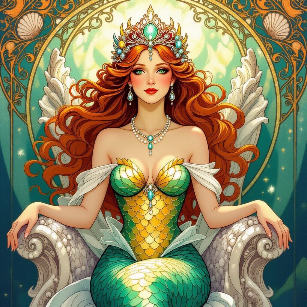 Mermaid Queen on Coral Throne in Art Nouveau Style