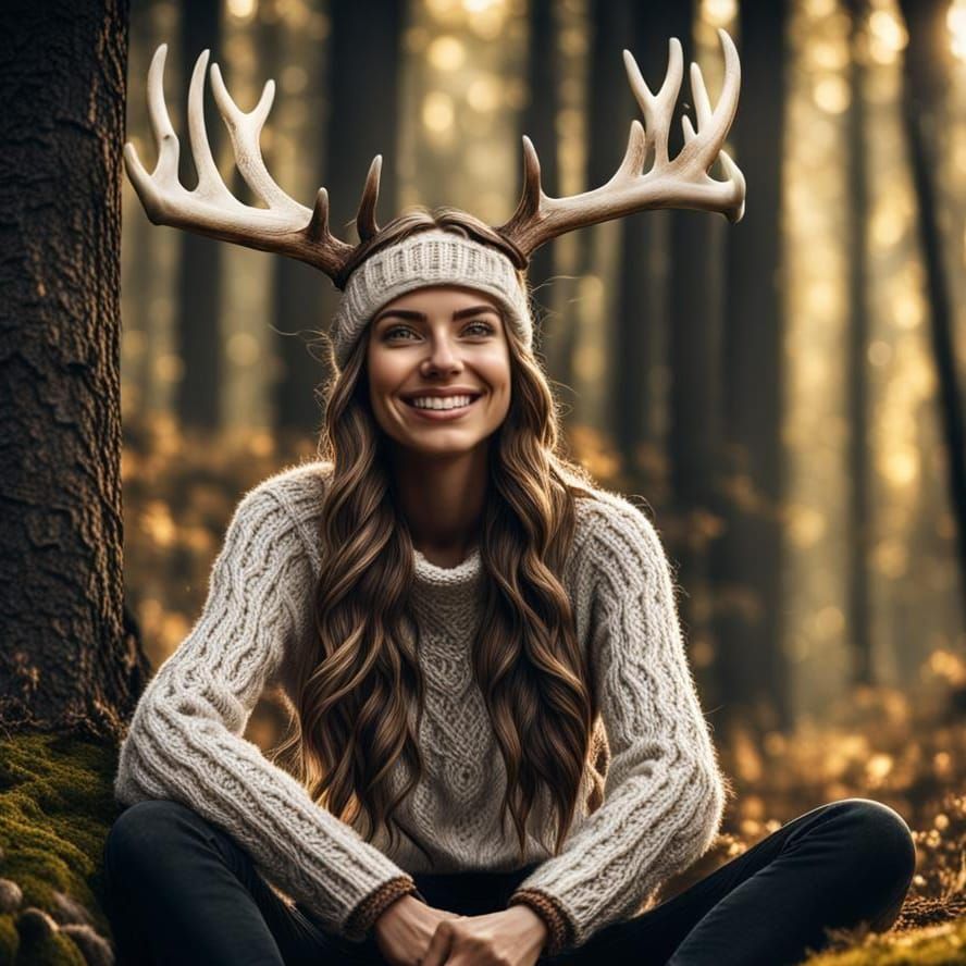 Happy Antler Woman in Forest, Hyperrealistic 8K