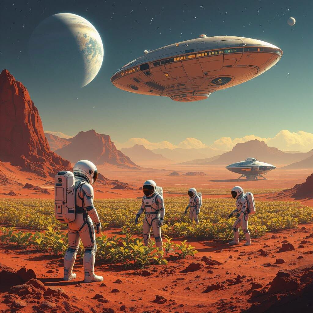 Martian Farmers in Spacesuits Cultivating Red Planet