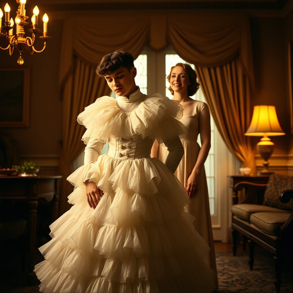 Man in Elegant Frilly Dress in 19th-Century Parlor