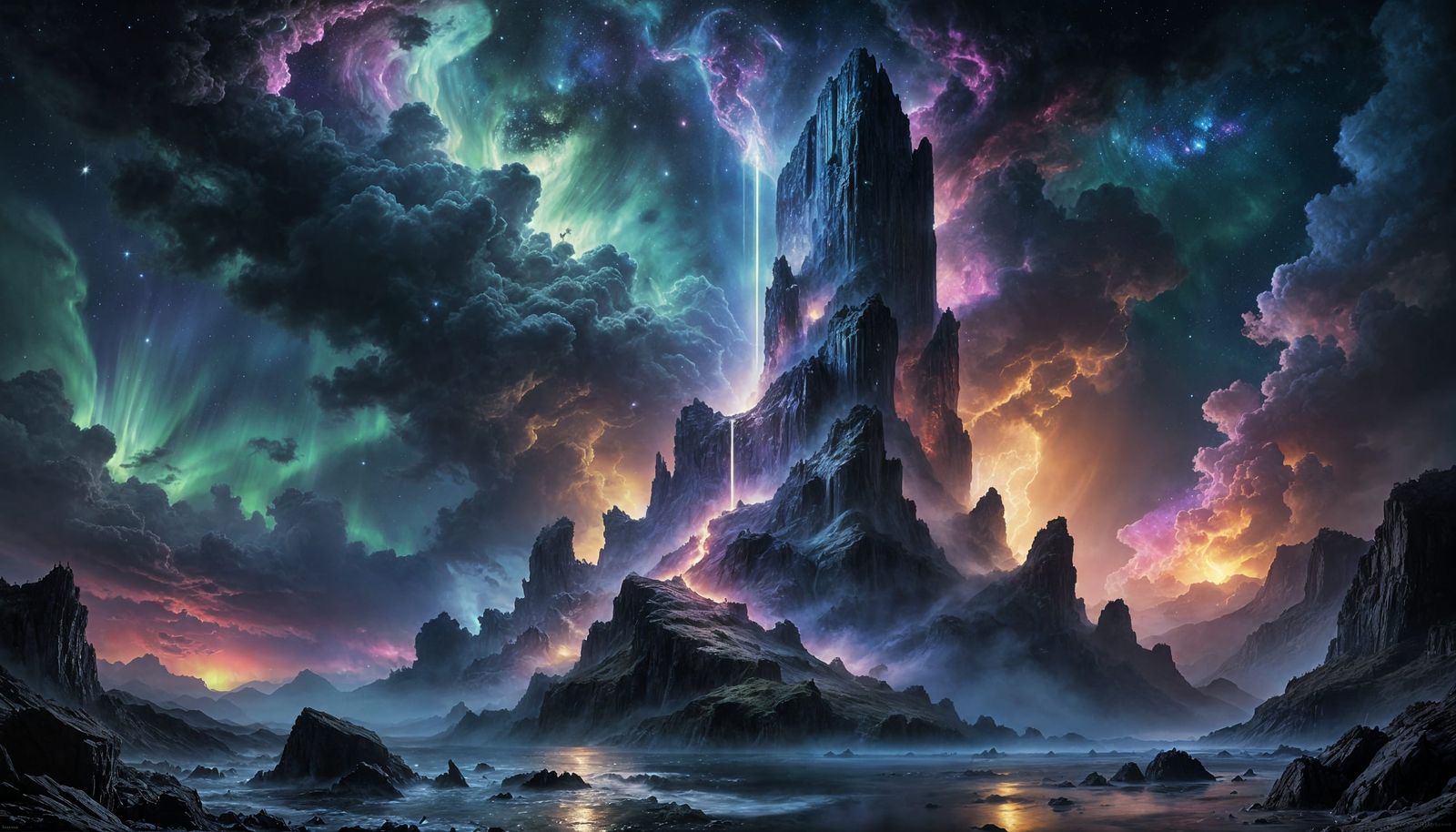 Ethereal Celestial Labyrinth in Dark Ink and Vivid Color