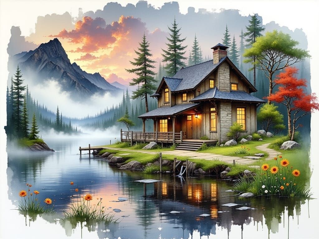 Watercolor Prairie Style Cottage in Muted Colors