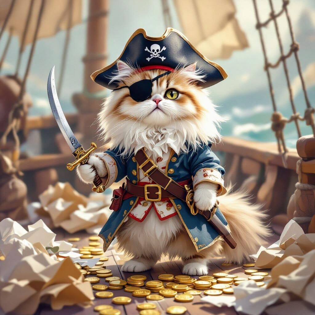 Fluffy Persian Cat as Pirate Captain in Watercolor Style