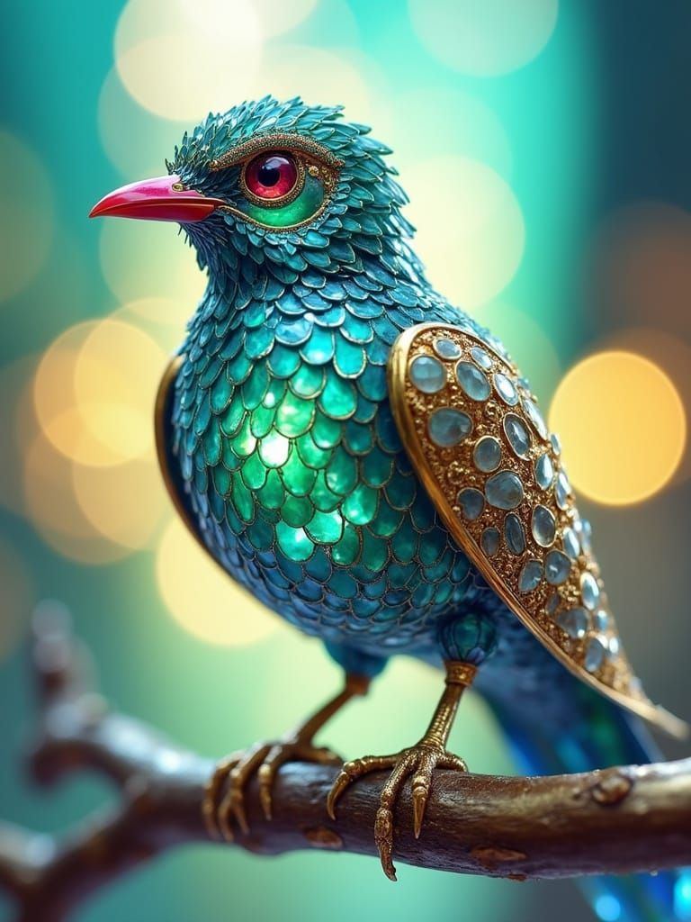 Jeweled Bird on Golden Branch: Digital Art