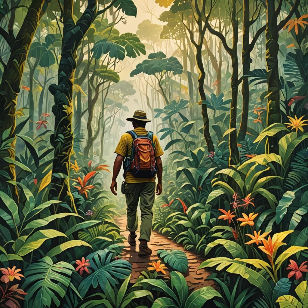 Hiker in Vibrant Amazon Jungle Illustration