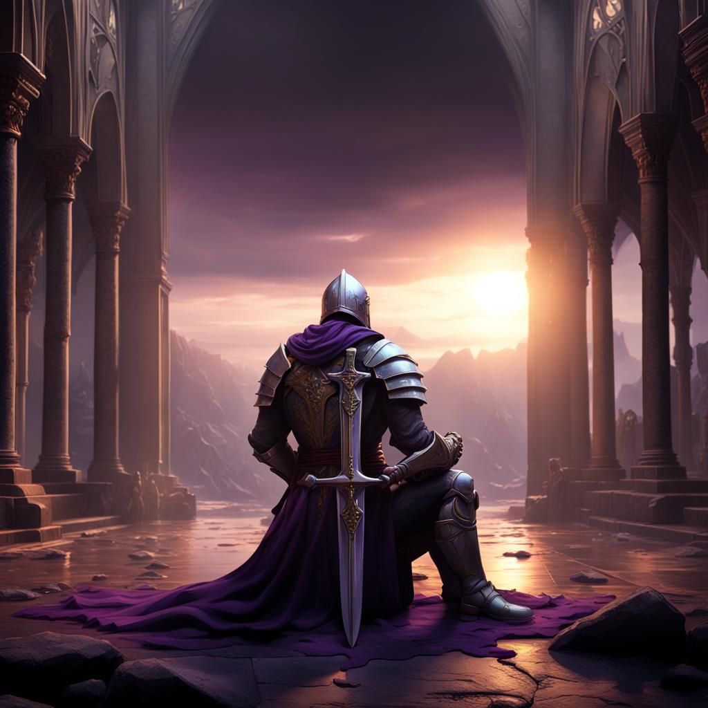 Kneeling templar knight with sword before him. heroic view