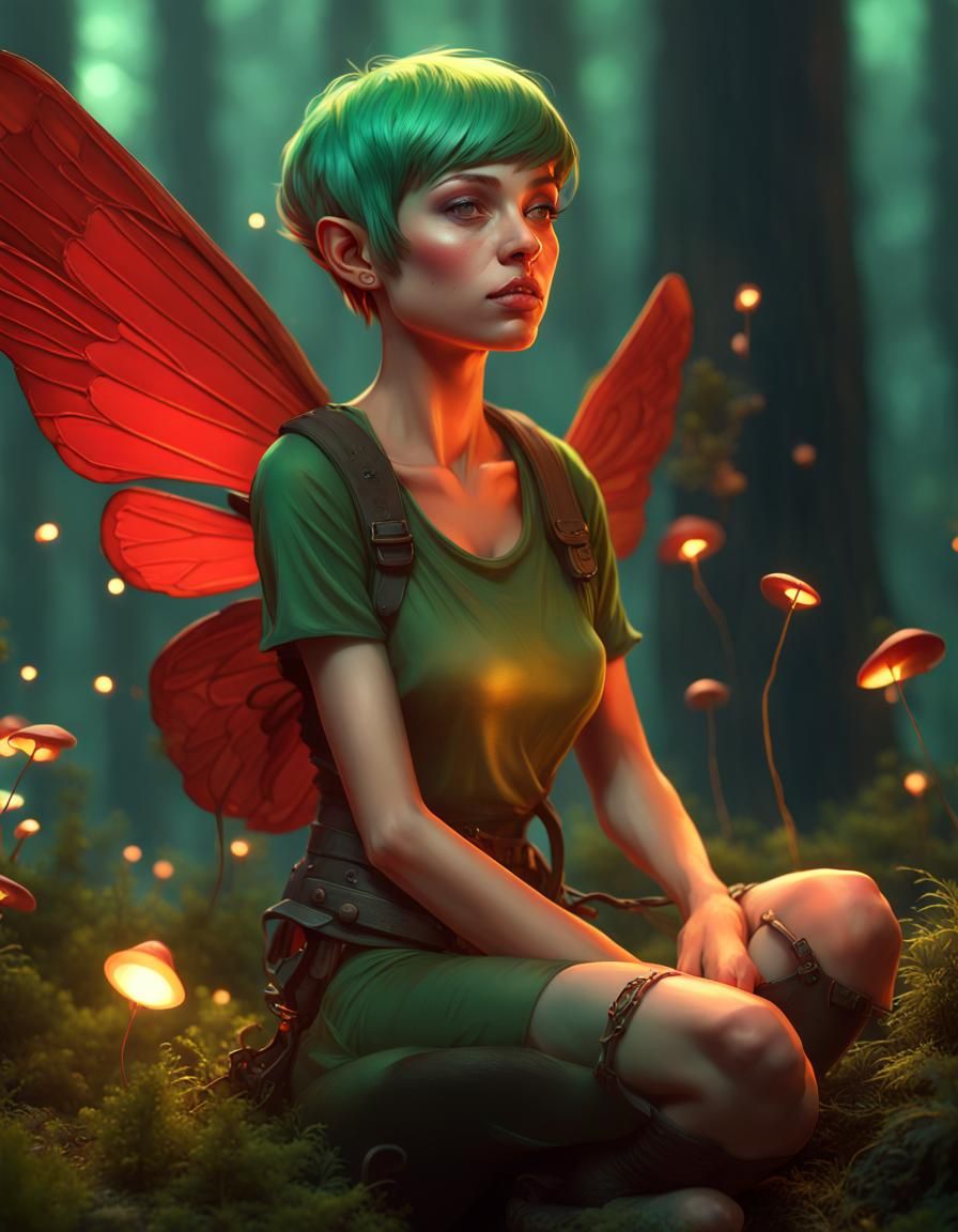 Red Winged Pixie in Mushroom Forest, Fantasy Art