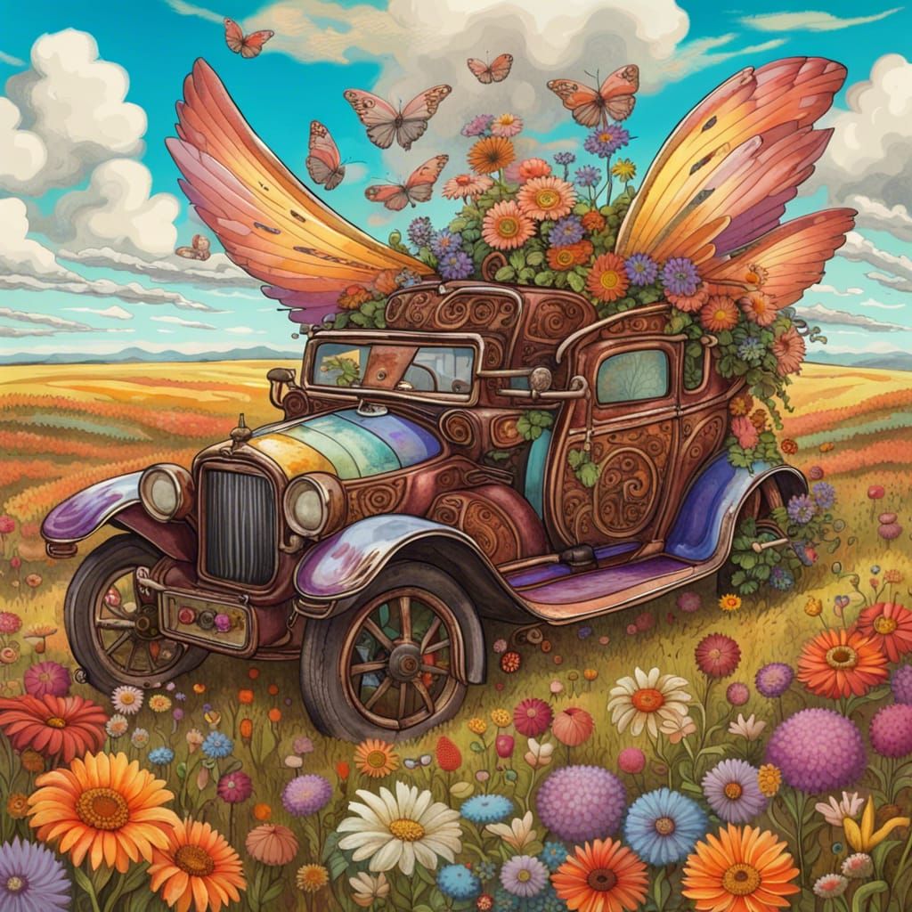 Flying Steampunk Car Over Flower Field
