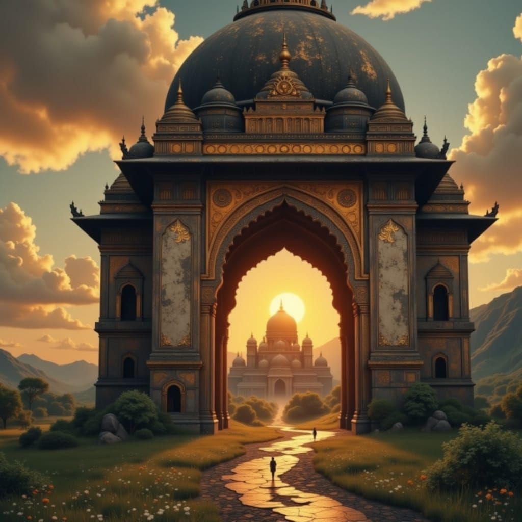 Vibrant Indian Landscape at Sunset in Folk Art Style