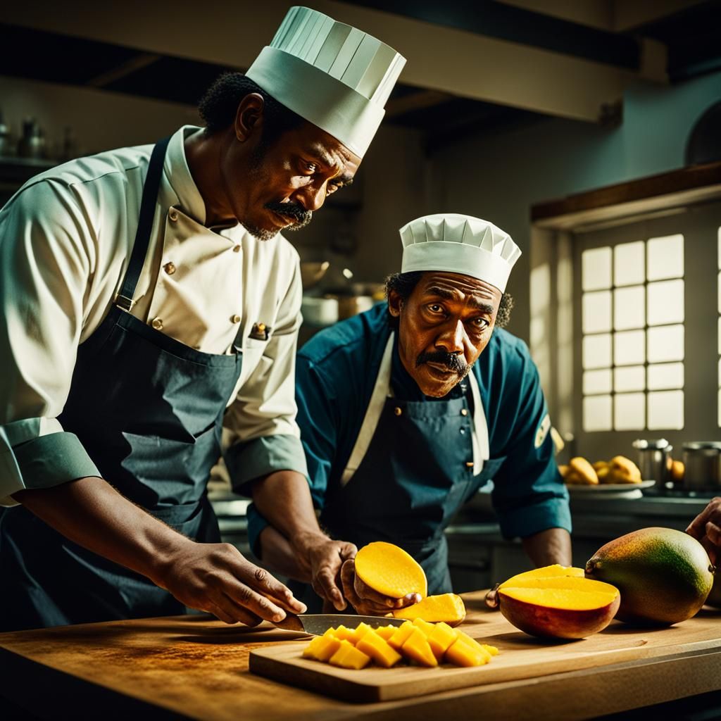 Expert Chef Slicing Mango in Kitchen Scene