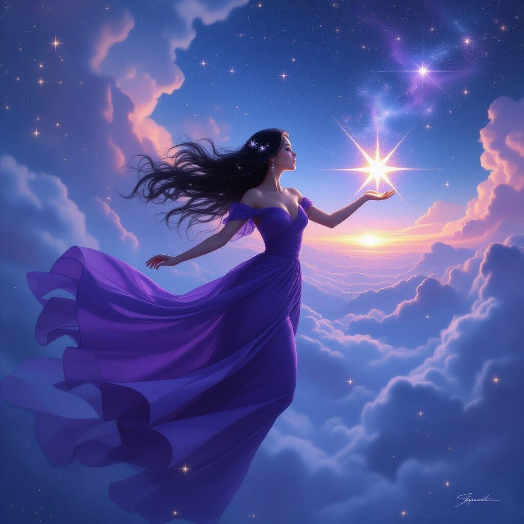 Woman in Spaceship with Star, Ethereal Digital Art