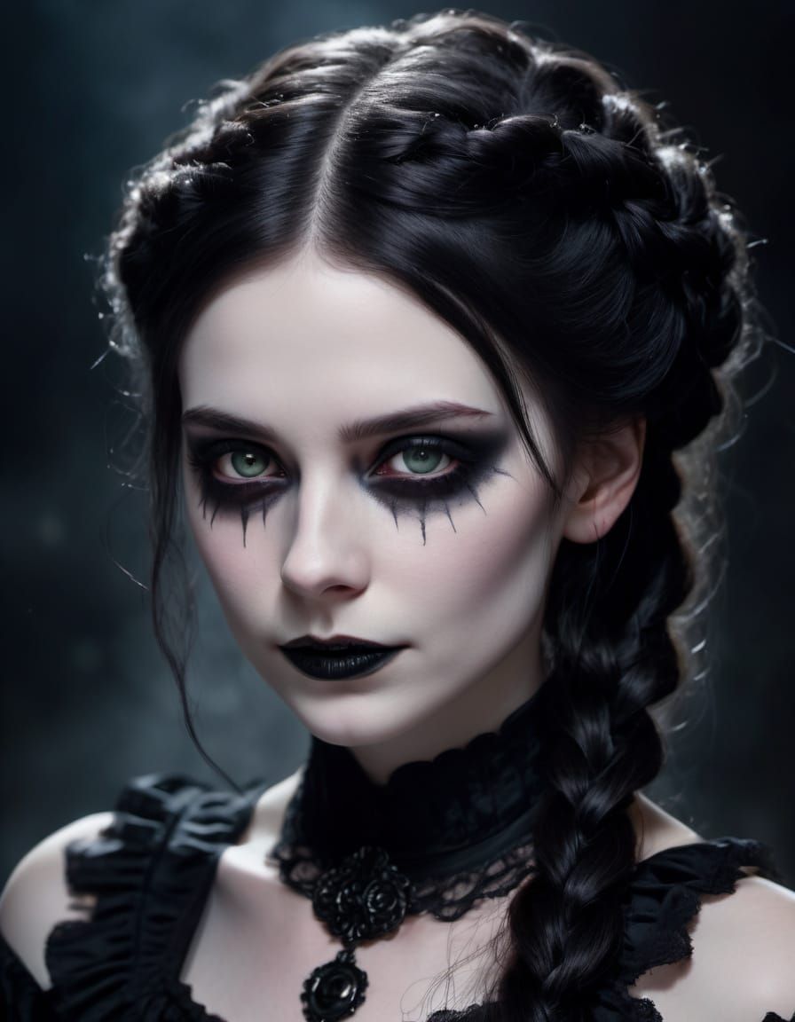 Gothic Girl in Victorian Dress with Sinister Smile