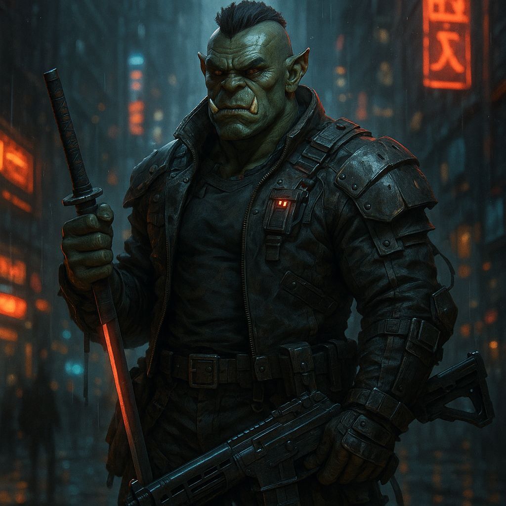 Shadowrun Male Ork Street Samurai in Cyberpunk Style