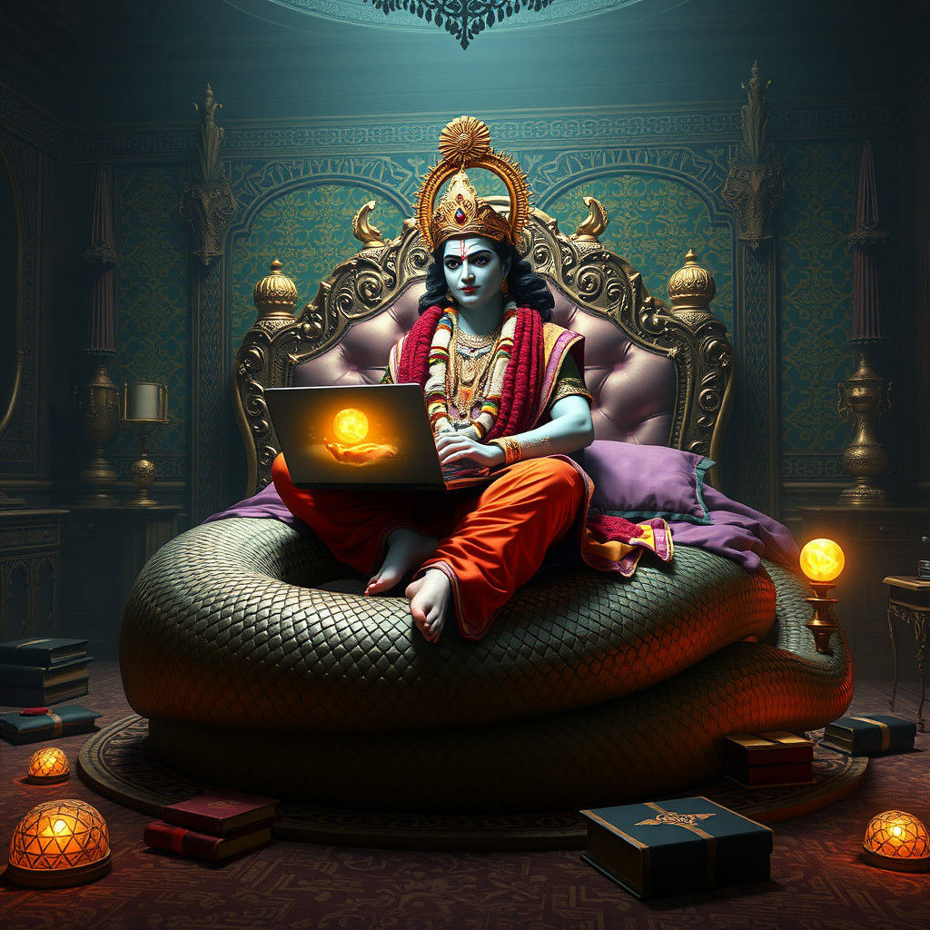 Krishna on Snake Bed Working on Laptop