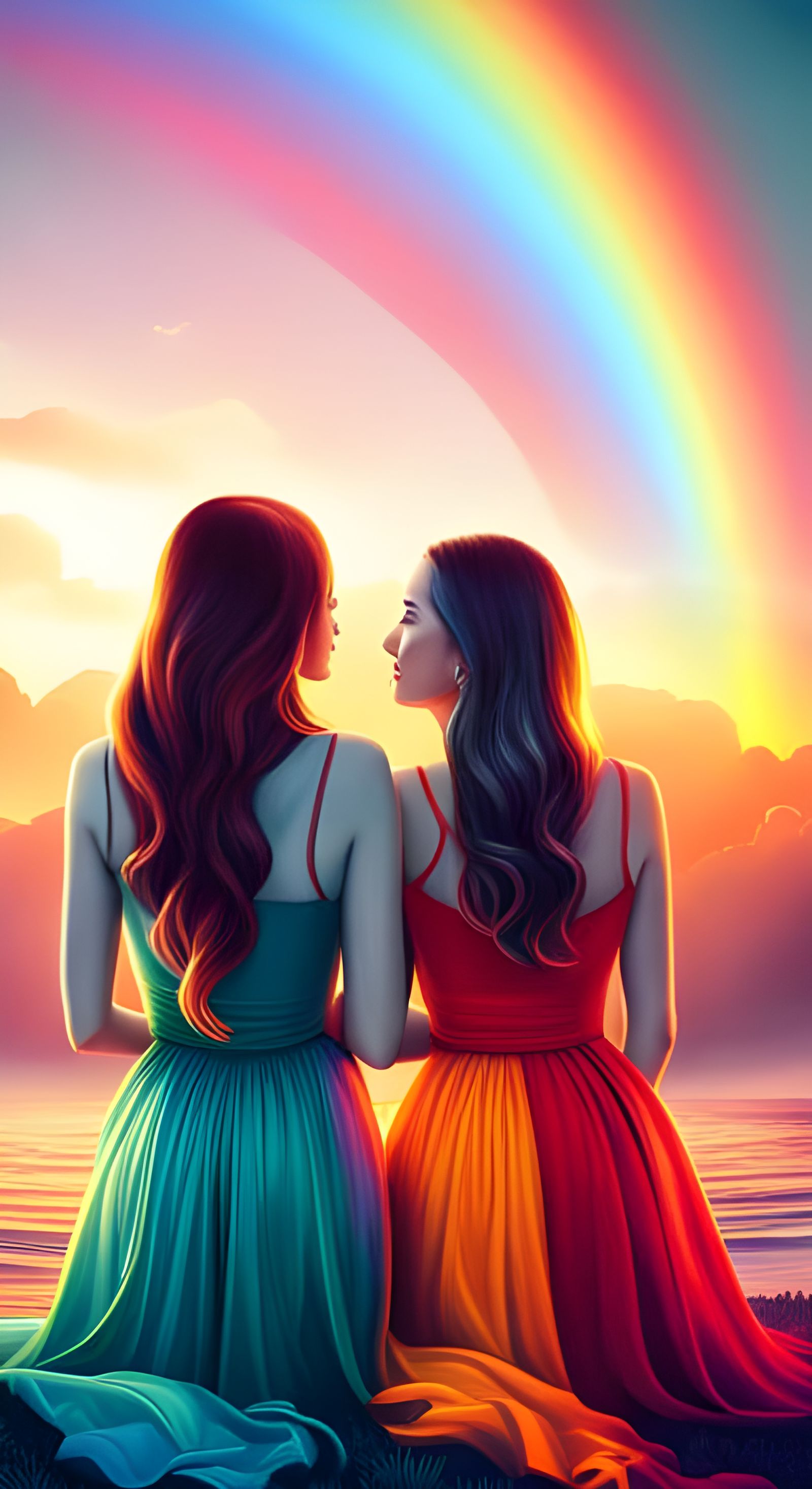 Two Women Watch Sunset Under a Neon Rainbow