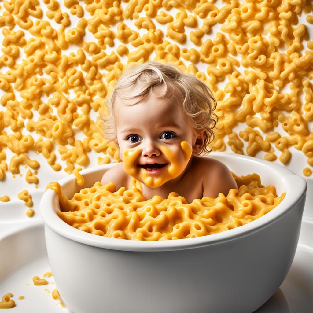 Toddler's Mac and Cheese Bath: Hyper-Realistic Photo