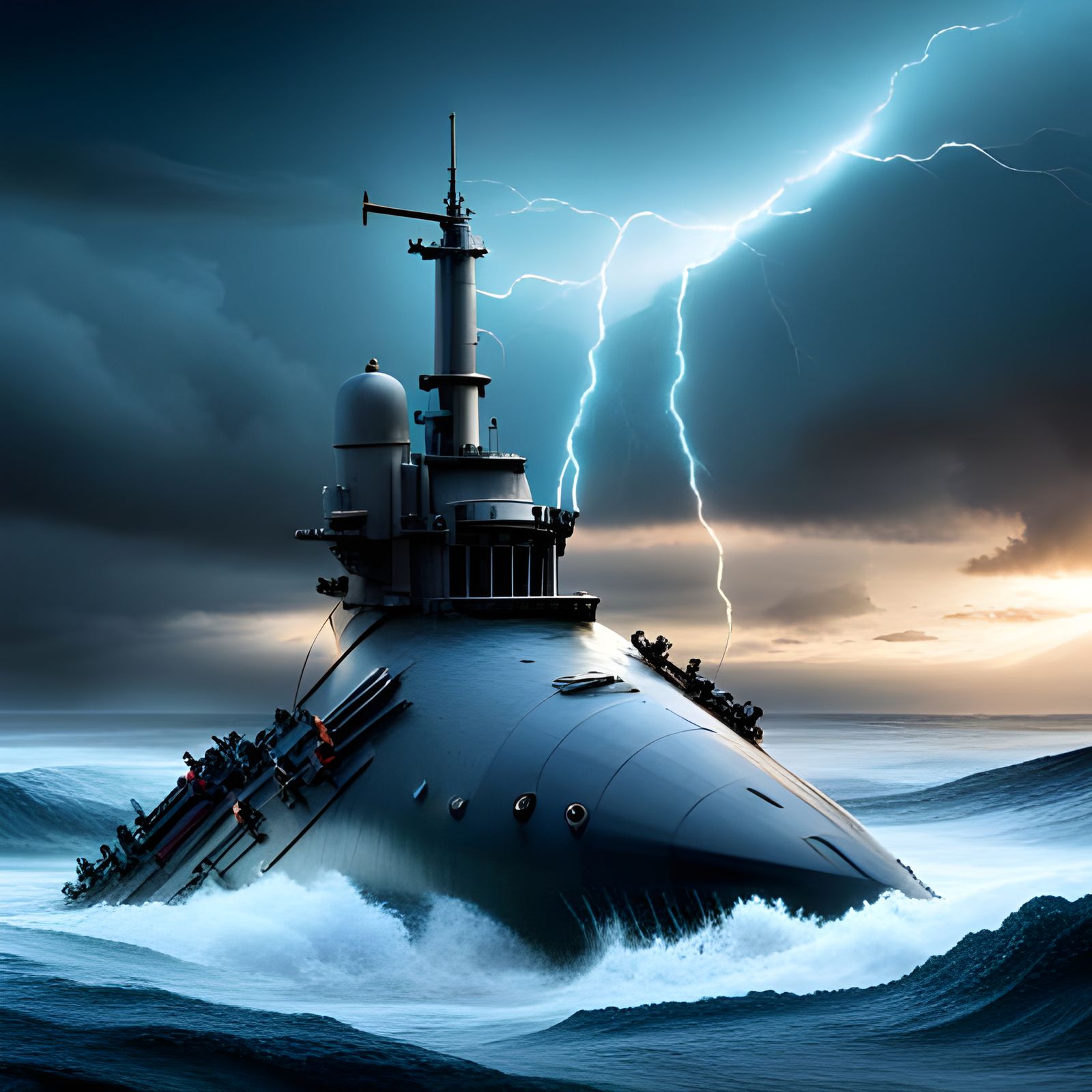 Submarine in Ocean War Landscape with Lightning