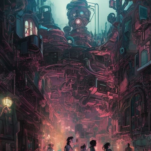 Cyberpunk Victorian Mansion Comic Book Illustration