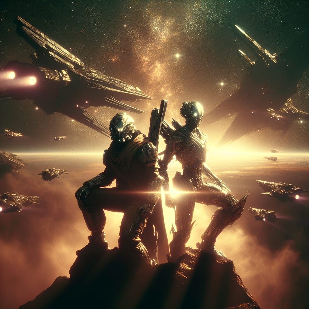 Exo Hunters in Cosmic Scene: 35mm Film Style