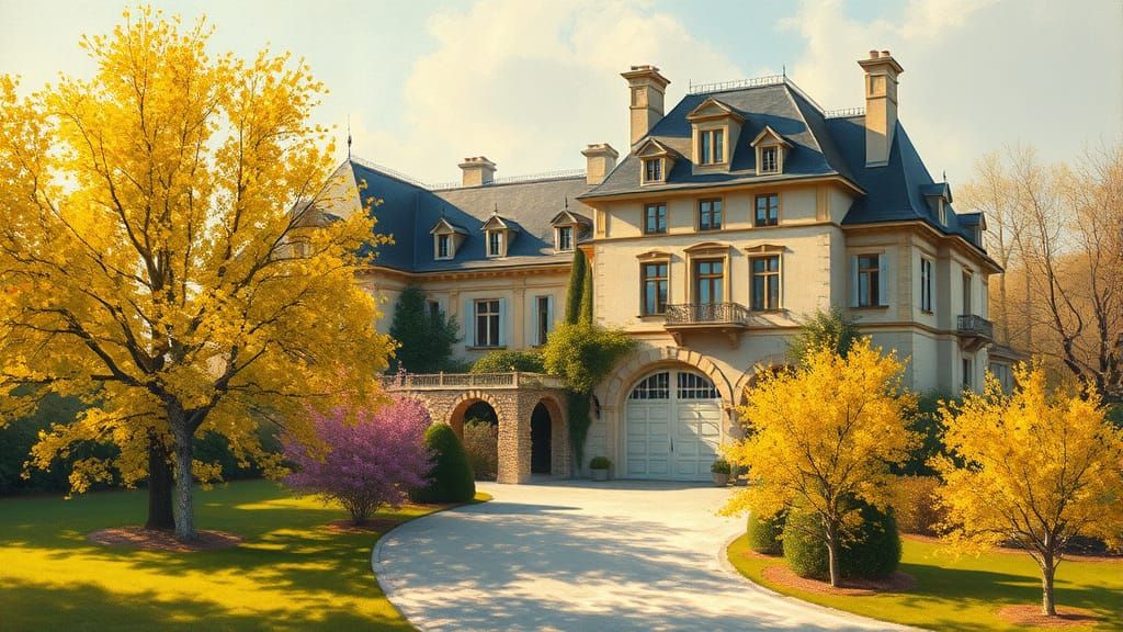 Chateau in Golden Afternoon Light with Vibrant Spring Trees