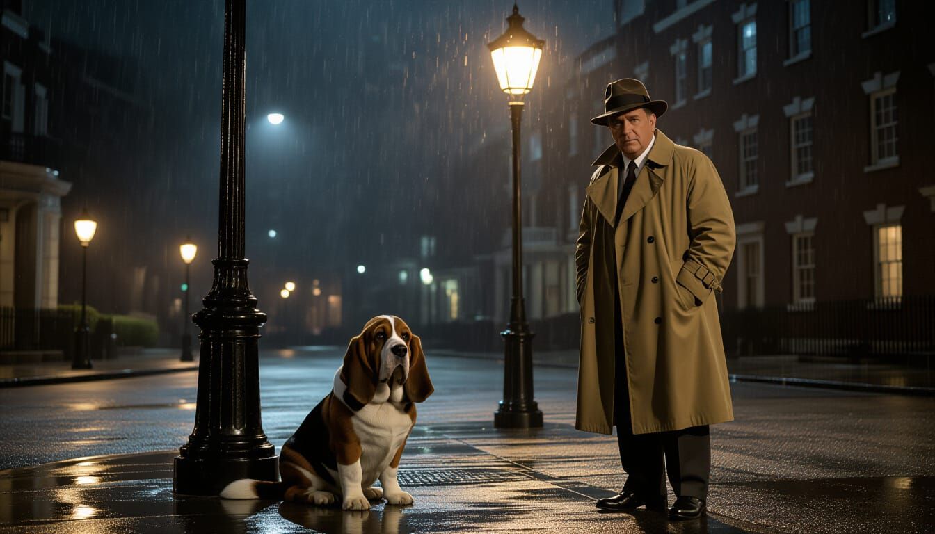 Columbo and Basset Hound on Rainy City Street