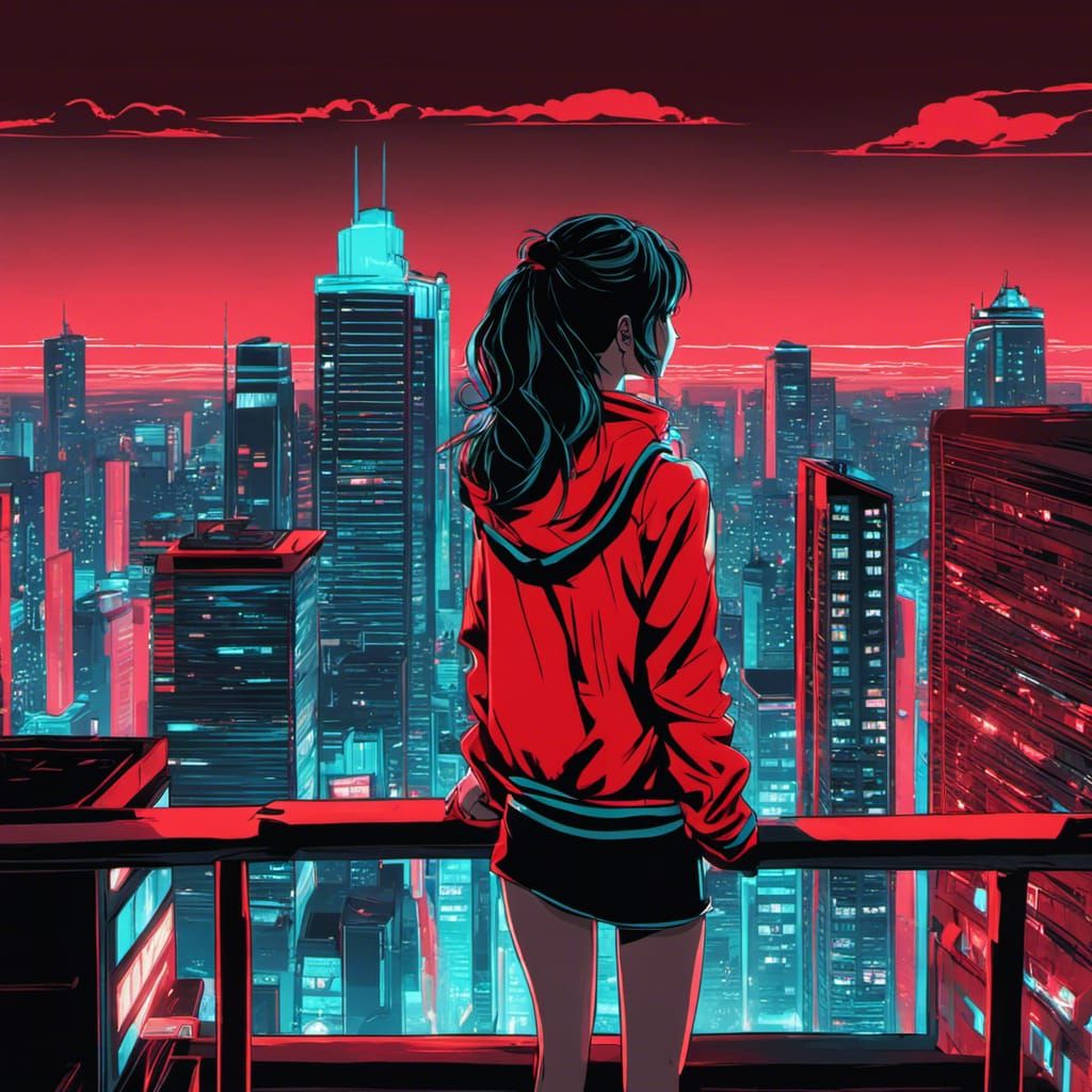 Anime Girl in Neon Cityscape