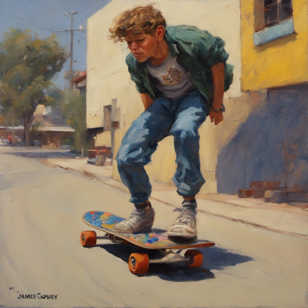 Fart on Skateboard in Realist Oil Painting