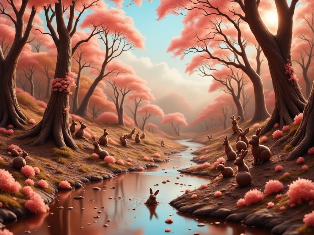 Whimsical Candy Landscape with Chocolate River and Candy Can...