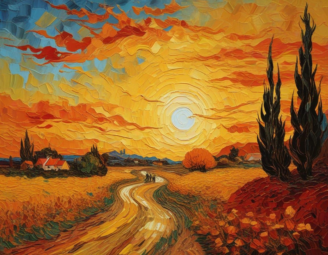 Impasto Expressionist Sunset with Thick, Vibrant Brushstroke...