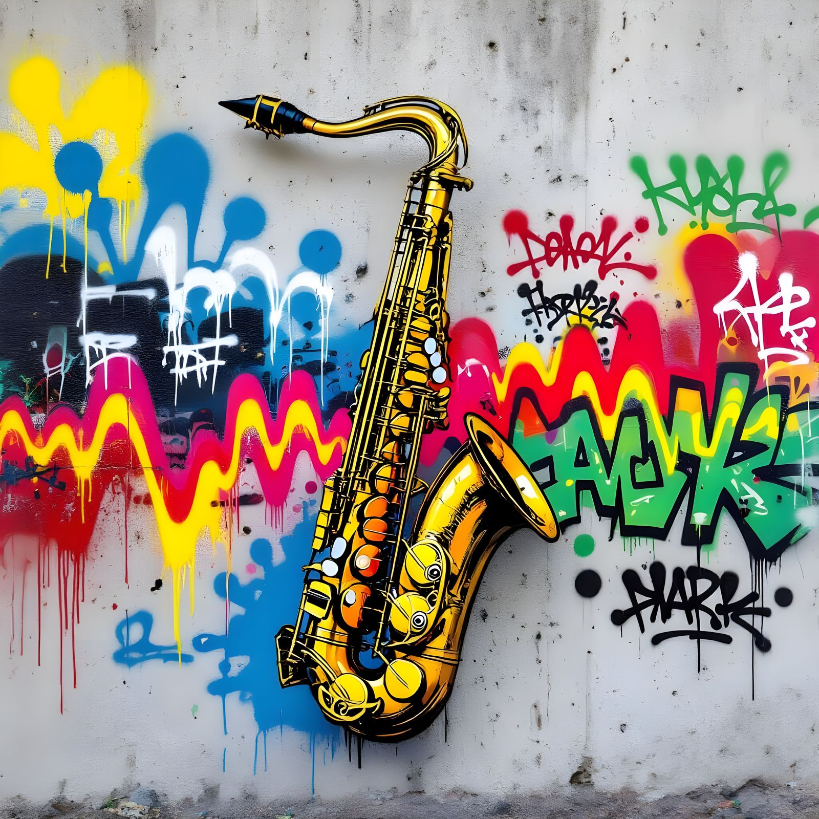 Graffiti Saxophone Album Cover with Spray-Paint Effects