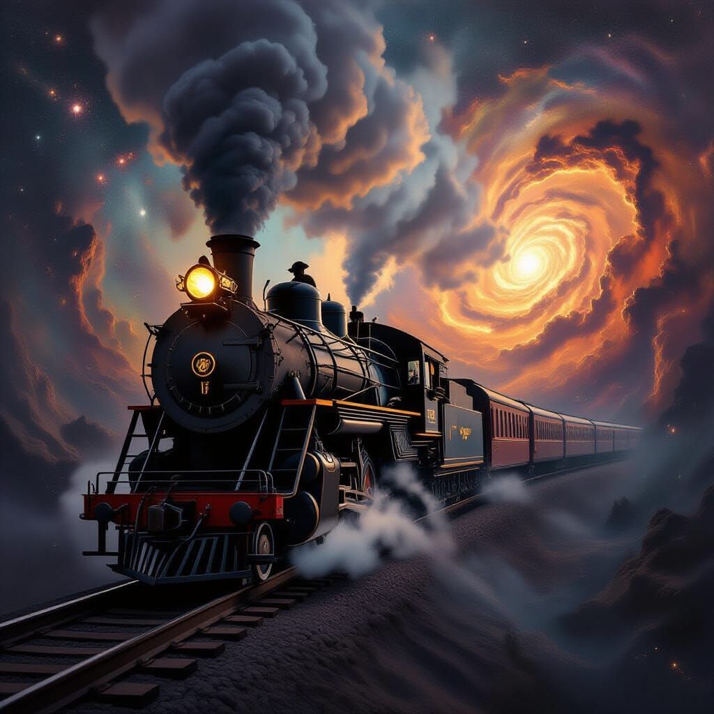 Cosmic Steam Train Journey Through Nebula