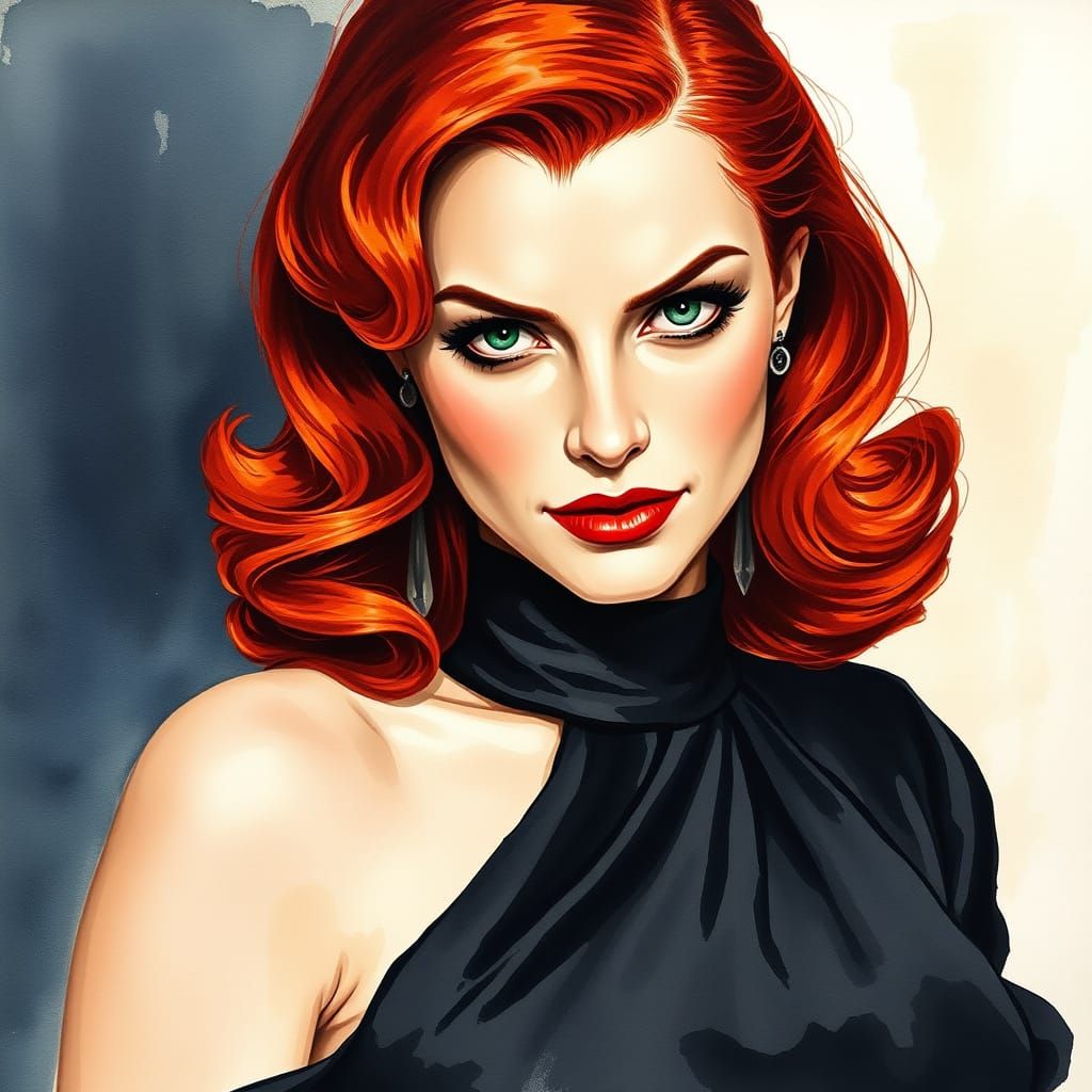 Glamorous 1940s Film Noir Femme Fatale in Watercolor Style