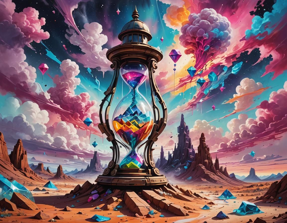 Crystal Desert: Hourglass in Surreal Tech-Nature Landscape