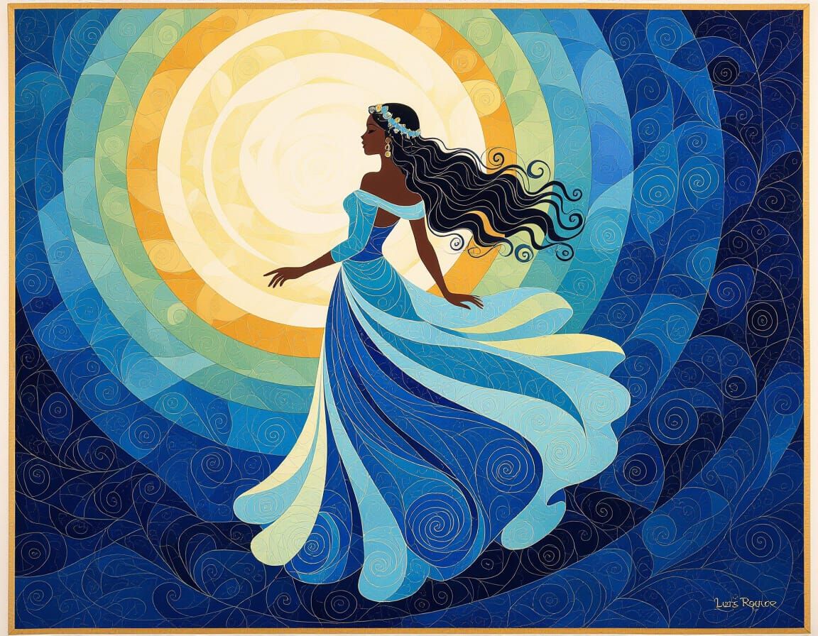 Luminous Embroidered Fantasy Quilt in Chiaroscuro Style