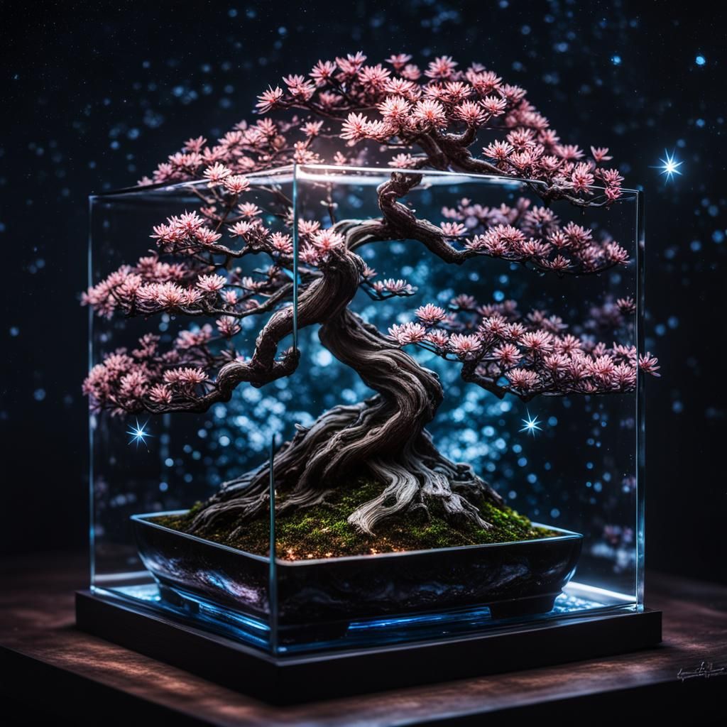 a sakura bonsai in a glass cube under a star filled night sk...