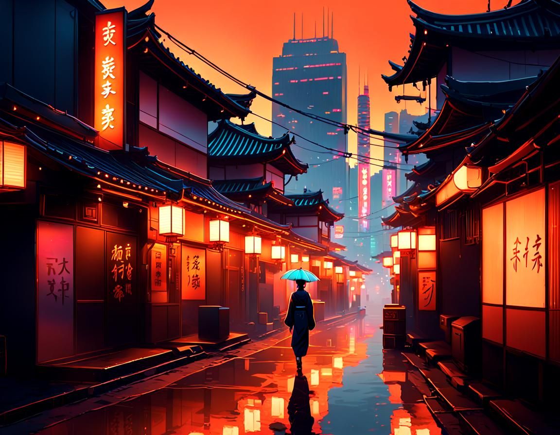 Neon Japanese Street with Geisha Silhouette, Loish Style