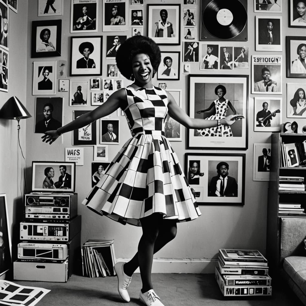 Girl Dancing in Room with Mondrian Dress, 1960s Photo