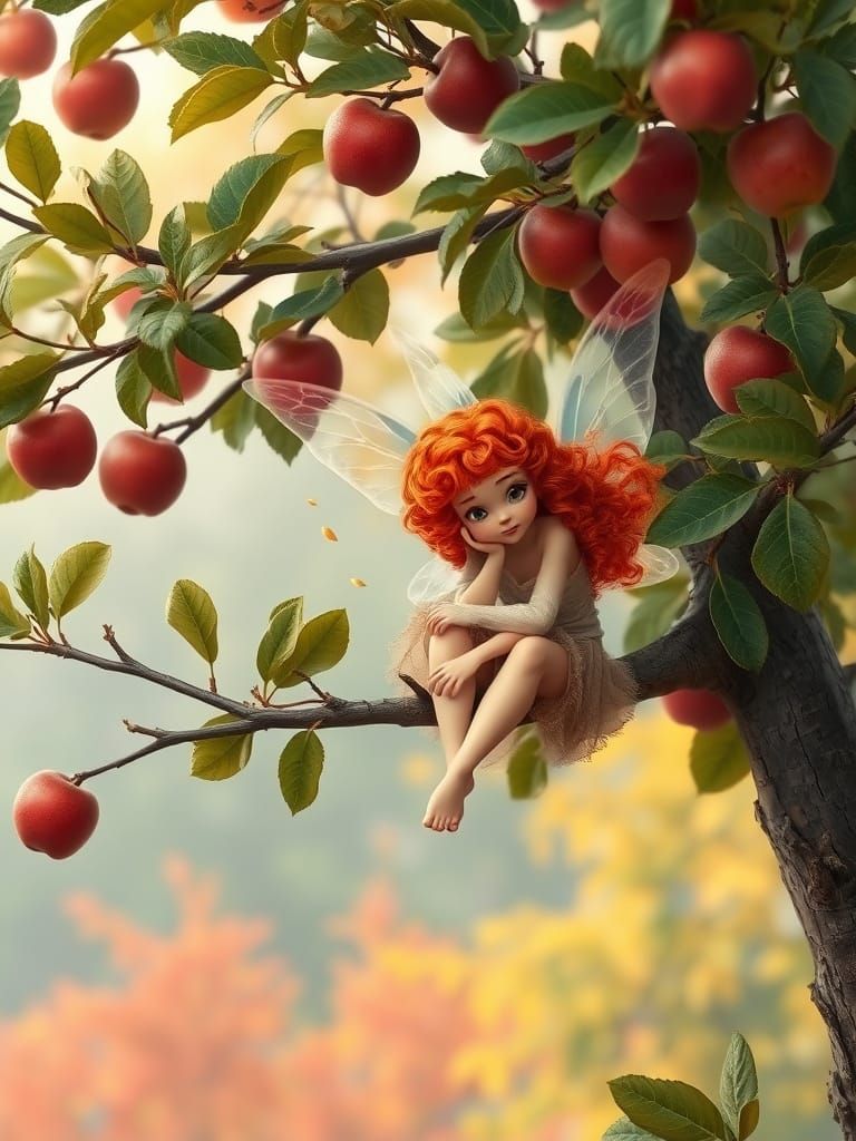 Magical Red-Haired Fairy in Autumn Apple Tree
