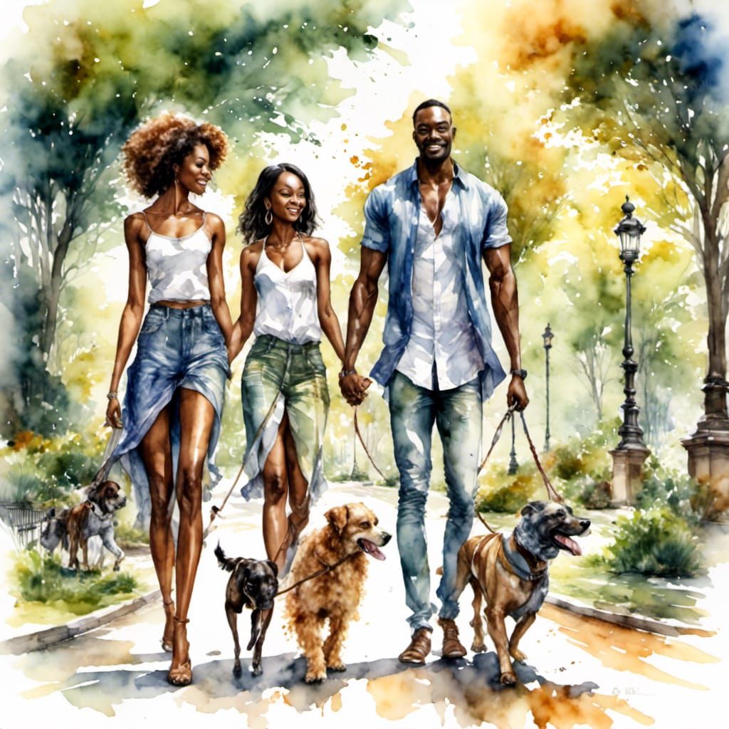 African American Couple Walking Dogs in City Park