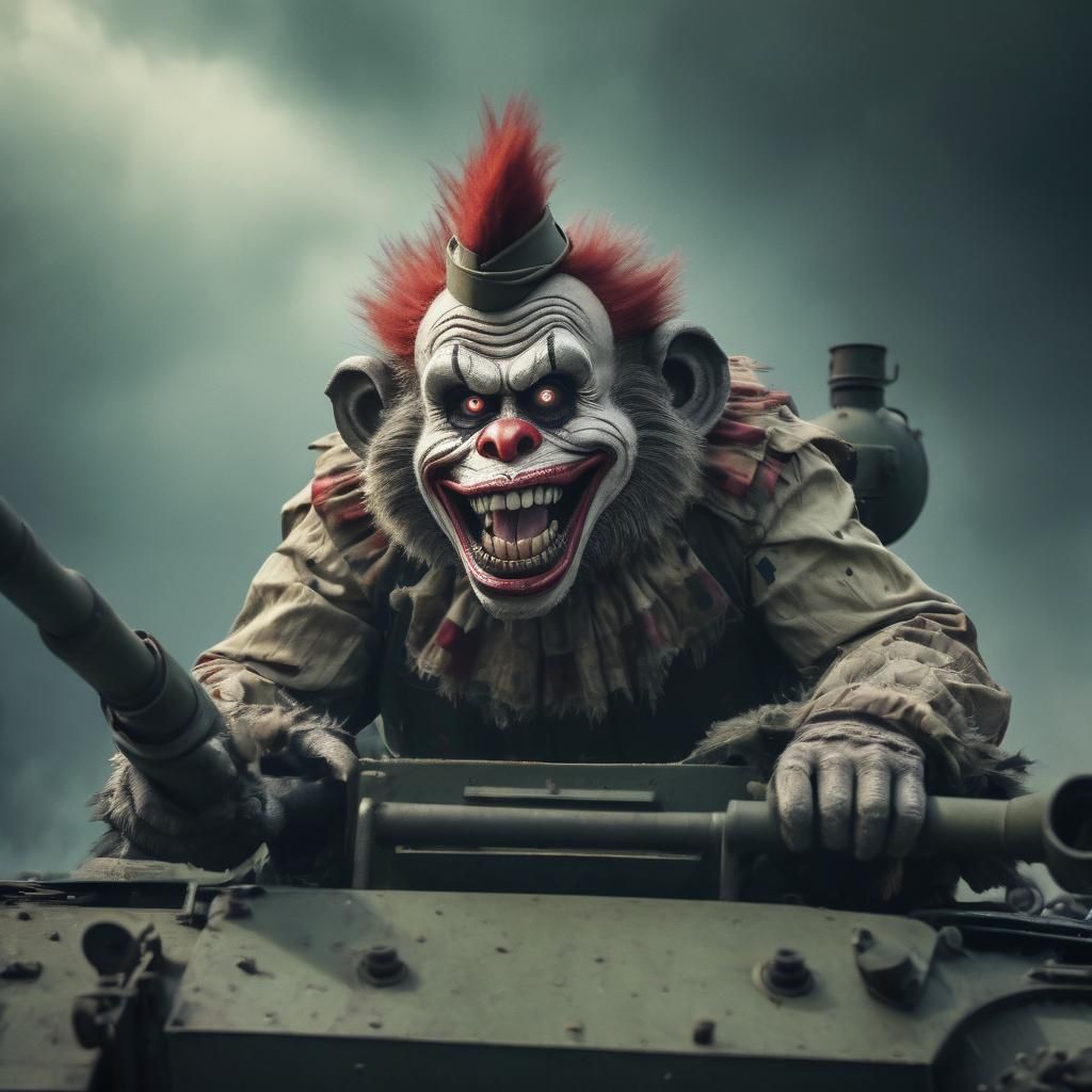 Zombie Monkey Clown Drives WWII Tank: Cinematic Film Still