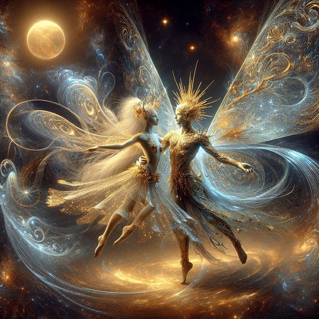 Sun and Moon Fairies Celestial Dance, 3D Render