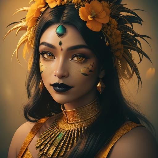 Golden Woman with Peacock Feathers in Film Noir Style