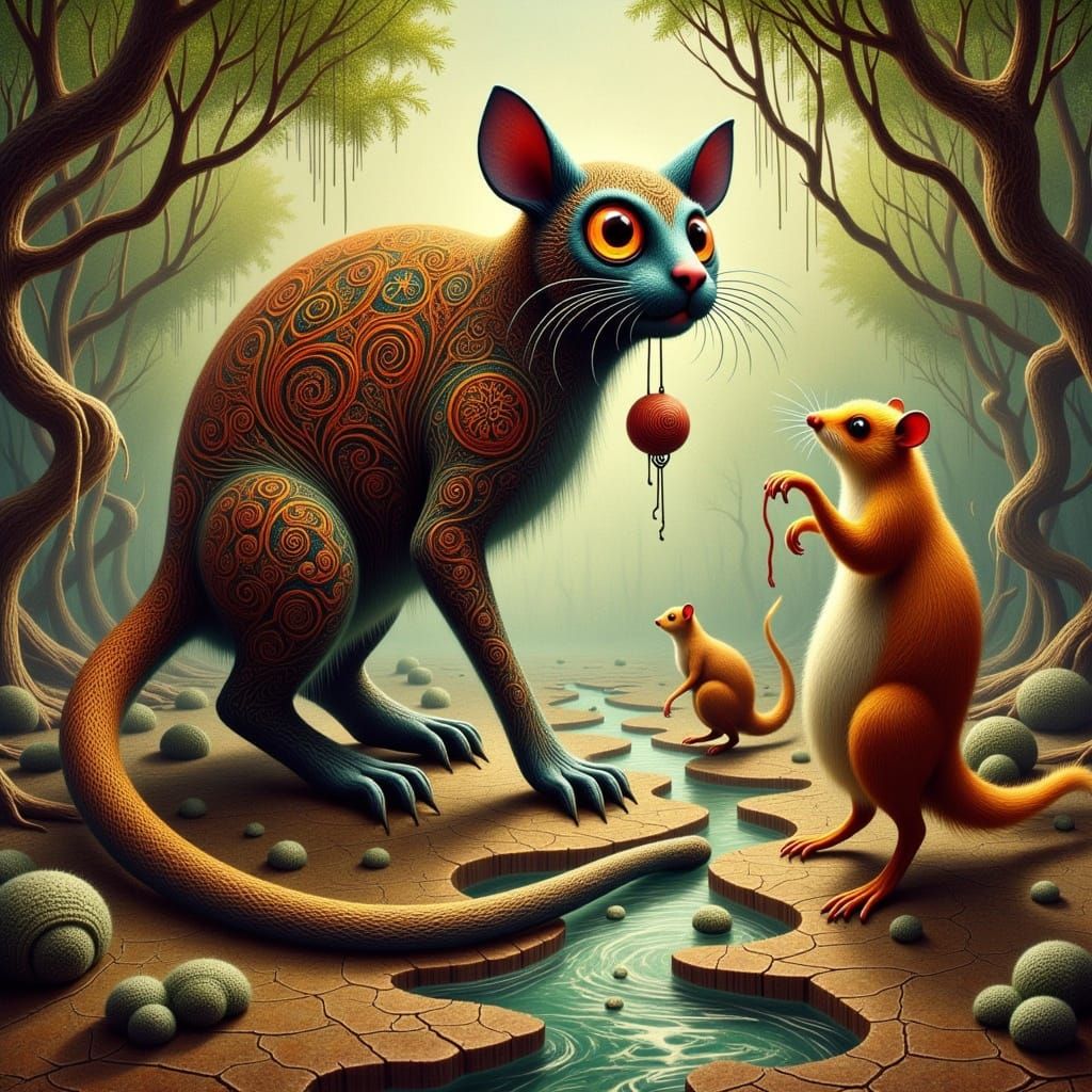 Mayan Mythical Cat-Mouse-Squirrel Hybrids in Jungle Ruins