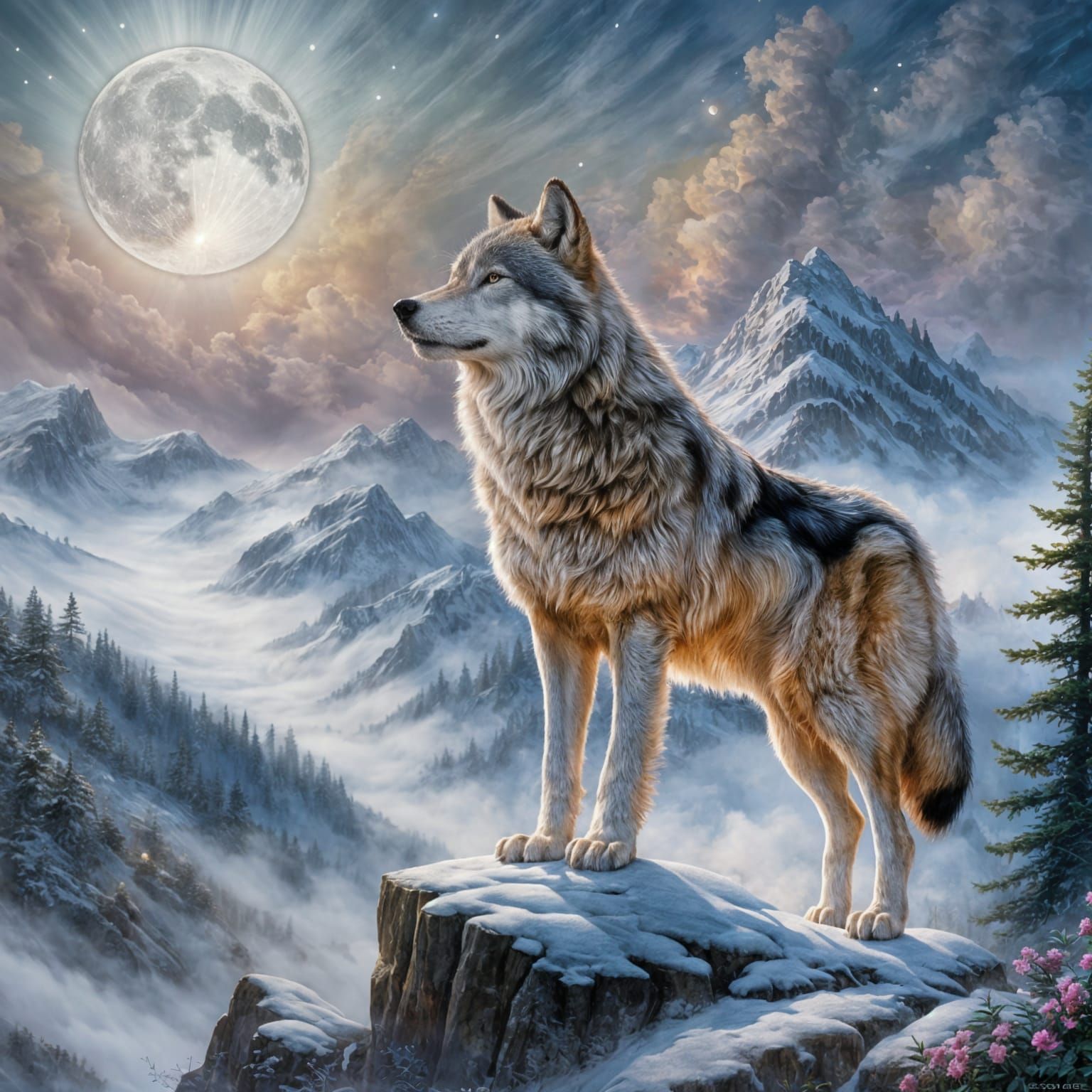 Ethereal Wolf on Mountaintop Under Moonlit Sky
